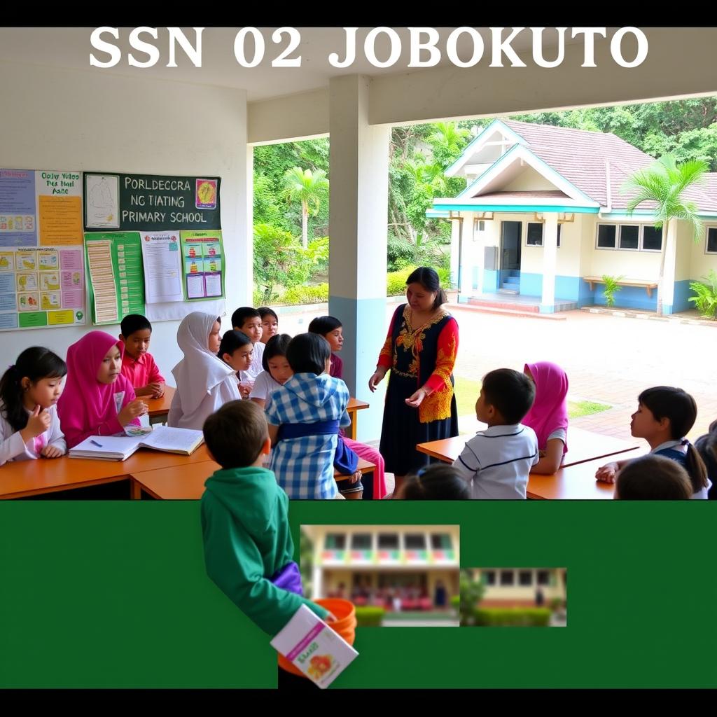 A vibrant school scene at SDN 02 JOBOKUTO, featuring diverse students engaged in various learning activities and a friendly teacher interacting with them