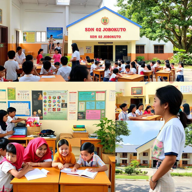 A vibrant school scene at SDN 02 JOBOKUTO, featuring diverse students engaged in various learning activities and a friendly teacher interacting with them