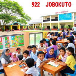 A vibrant school scene at SDN 02 JOBOKUTO, featuring diverse students engaged in various learning activities and a friendly teacher interacting with them