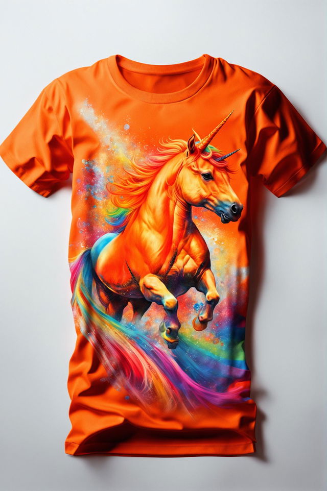 The image presents a bright orange graphic tee with a detailed print of a rainbow unicorn