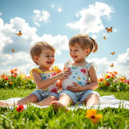 A serene and playful scene of a young boy and girl, depicted as siblings, sitting on a soft grass blanket under a bright blue sky filled with fluffy white clouds
