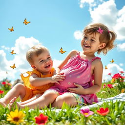A serene and playful scene of a young boy and girl, depicted as siblings, sitting on a soft grass blanket under a bright blue sky filled with fluffy white clouds