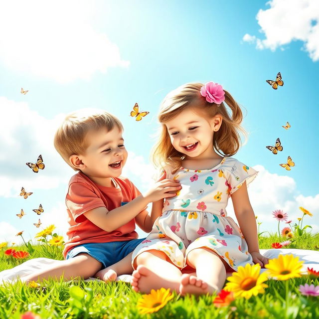 A serene and playful scene of a young boy and girl, depicted as siblings, sitting on a soft grass blanket under a bright blue sky filled with fluffy white clouds