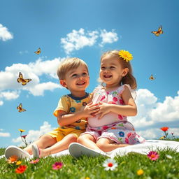 A serene and playful scene of a young boy and girl, depicted as siblings, sitting on a soft grass blanket under a bright blue sky filled with fluffy white clouds