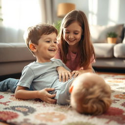A serene and warm scene depicting a young boy and girl in a cozy living room setting