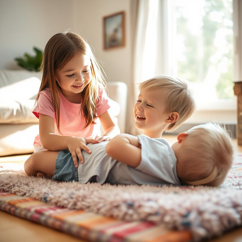 A serene and warm scene depicting a young boy and girl in a cozy living room setting