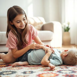 A serene and warm scene depicting a young boy and girl in a cozy living room setting