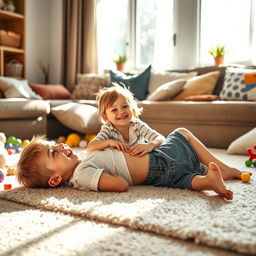 A cozy living room scene featuring a young boy and girl, both siblings, enjoying a playful moment together