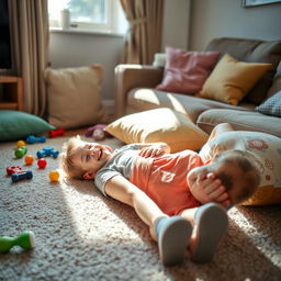 A cozy living room scene featuring a young boy and girl, both siblings, enjoying a playful moment together