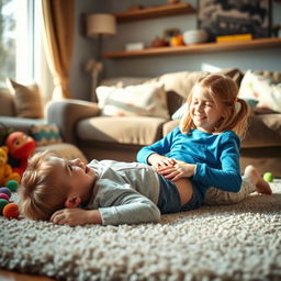 A cozy living room scene featuring a young boy and girl, both siblings, enjoying a playful moment together