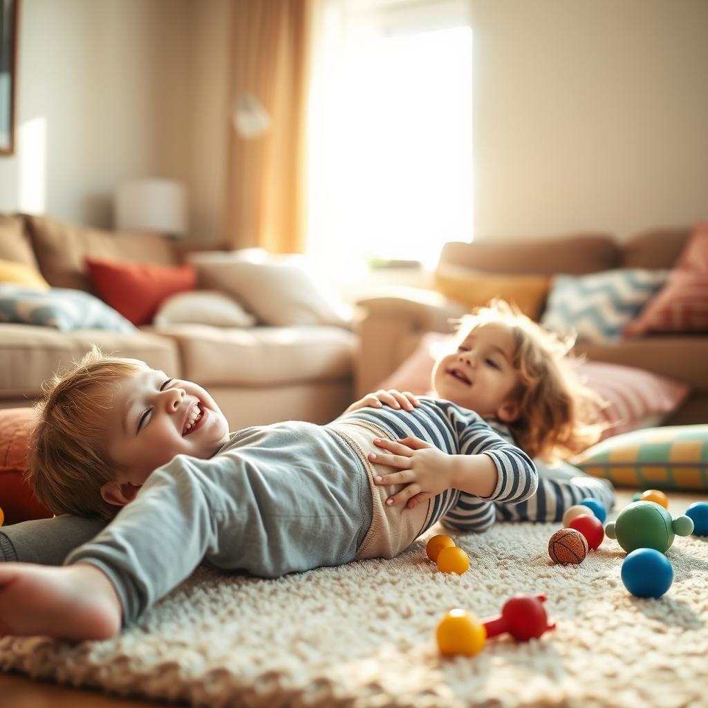 A cozy living room scene featuring a young boy and girl, both siblings, enjoying a playful moment together