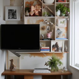 A cozy TV corner in a small space, featuring a lower section with a TV stand and decorative elements, paired with a creative upper section with mounted shelves brimming with personal touches.