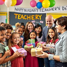 A joyful scene depicting a National Teacher's Day celebration with students and teachers exchanging gifts