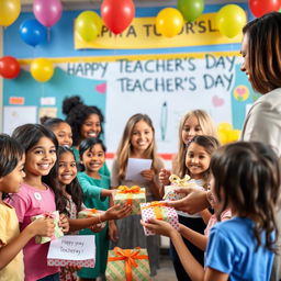 A joyful scene depicting a National Teacher's Day celebration with students and teachers exchanging gifts