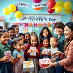 A joyful scene depicting a National Teacher's Day celebration with students and teachers exchanging gifts