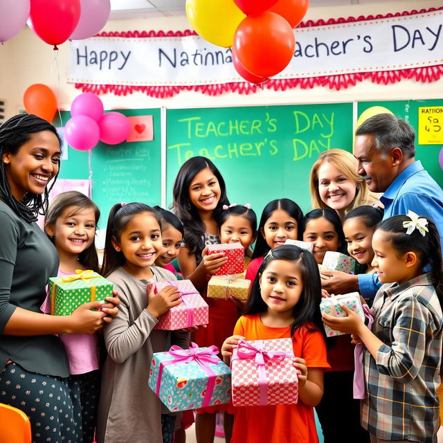 A joyful scene depicting a National Teacher's Day celebration with students and teachers exchanging gifts