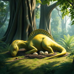 A serene prehistoric scene depicting a Parasaurolophus resting gently while laying eggs in a lush, green environment