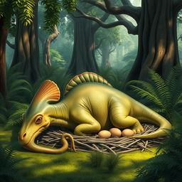 A serene prehistoric scene depicting a Parasaurolophus resting gently while laying eggs in a lush, green environment