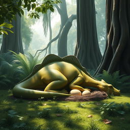 A serene prehistoric scene depicting a Parasaurolophus resting gently while laying eggs in a lush, green environment