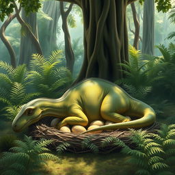 A serene prehistoric scene depicting a Parasaurolophus resting gently while laying eggs in a lush, green environment