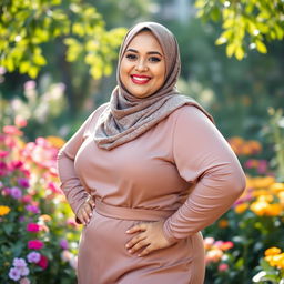 A beautiful plus-size hijabi woman confidently posing in an elegant outfit