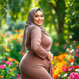 A beautiful plus-size hijabi woman confidently posing in an elegant outfit