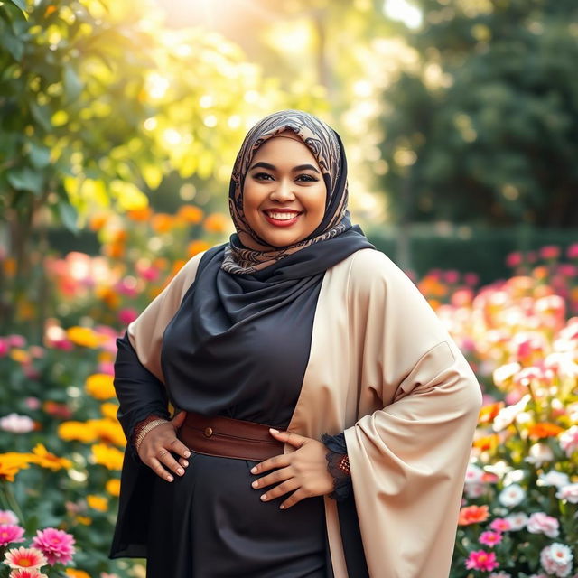 A beautiful plus-size hijabi woman confidently posing in an elegant outfit