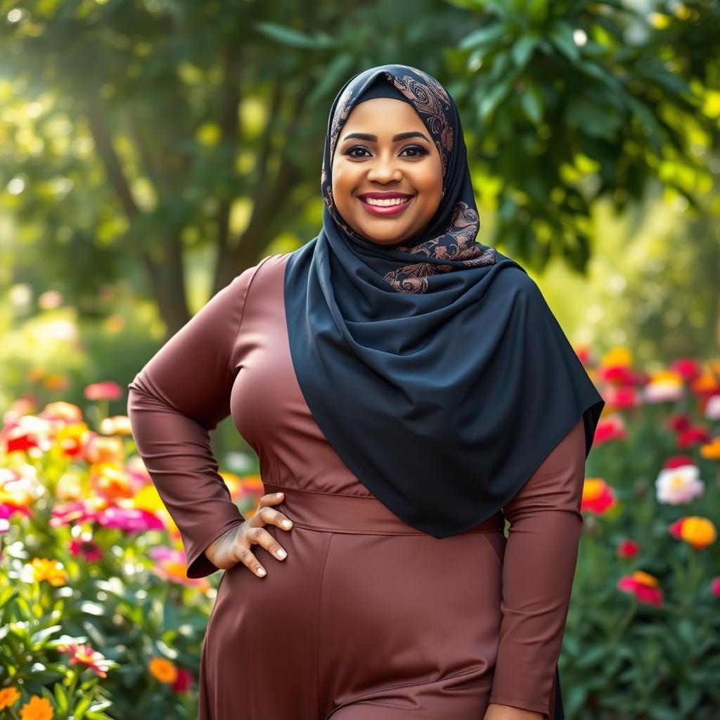 A beautiful plus-size hijabi woman confidently posing in an elegant outfit