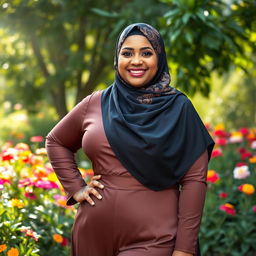 A beautiful plus-size hijabi woman confidently posing in an elegant outfit