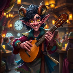 A charismatic tiefling bard with curly hair, dressed in vibrant, whimsical clothing adorned with musical notes and intricate patterns