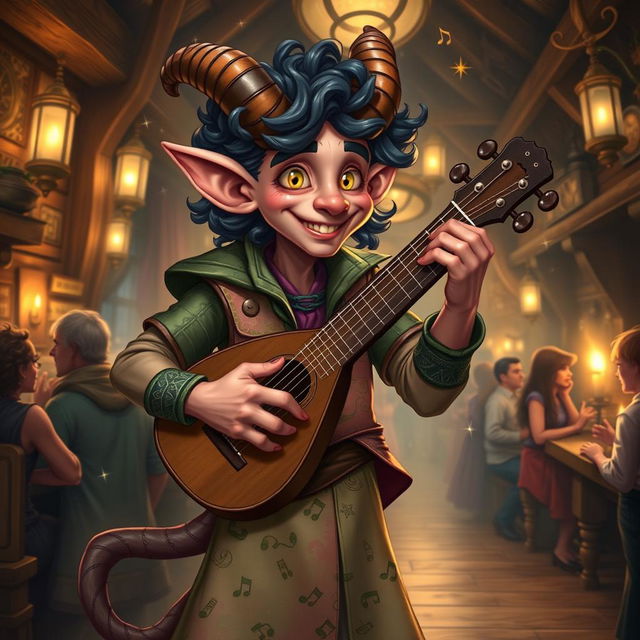 A charismatic tiefling bard with curly hair, dressed in vibrant, whimsical clothing adorned with musical notes and intricate patterns