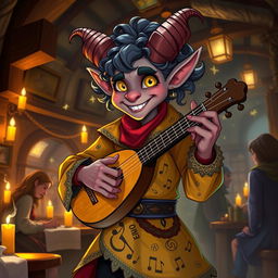 A charismatic tiefling bard with curly hair, dressed in vibrant, whimsical clothing adorned with musical notes and intricate patterns