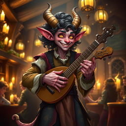 A charismatic tiefling bard with curly hair, dressed in vibrant, whimsical clothing adorned with musical notes and intricate patterns