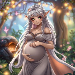 A beautifully designed anime elf woman in a whimsical fantasy setting, gently cradling her pregnant belly