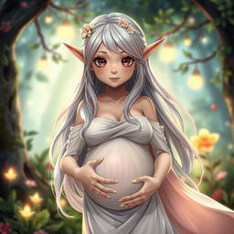 A beautifully designed anime elf woman in a whimsical fantasy setting, gently cradling her pregnant belly