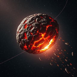 A colossal asteroid hurtling through deep space, glowing with fiery reds and oranges