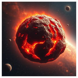 A colossal asteroid hurtling through deep space, glowing with fiery reds and oranges