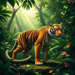 A majestic hybrid creature with the sleek body of a tiger adorned with vibrant and colorful snake scales