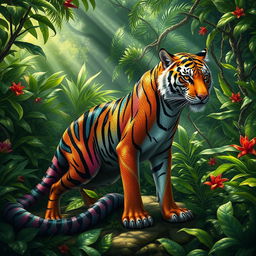 A majestic hybrid creature with the sleek body of a tiger adorned with vibrant and colorful snake scales