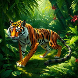 A majestic hybrid creature with the sleek body of a tiger adorned with vibrant and colorful snake scales