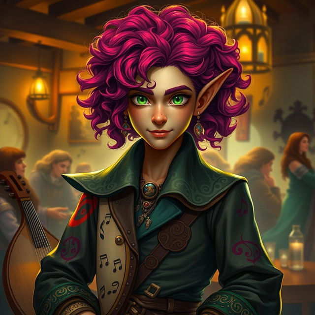 A Tiefling bard with vibrant, curly hair and striking green eyes, showcasing an enchanting presence