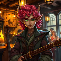 A Tiefling bard with vibrant, curly hair and striking green eyes, showcasing an enchanting presence