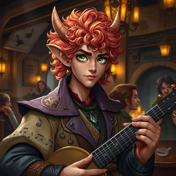 A Tiefling bard with vibrant, curly hair and striking green eyes, showcasing an enchanting presence