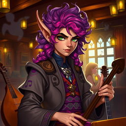 A Tiefling bard with vibrant, curly hair and striking green eyes, showcasing an enchanting presence