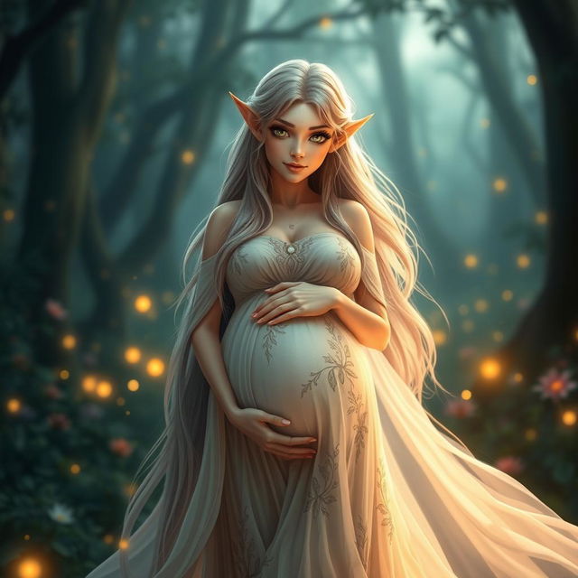 A stunning fantasy scene featuring a pregnant elf woman standing in an ethereal forest