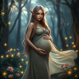 A stunning fantasy scene featuring a pregnant elf woman standing in an ethereal forest