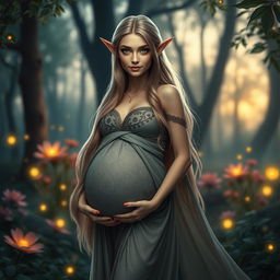 A stunning fantasy scene featuring a pregnant elf woman standing in an ethereal forest