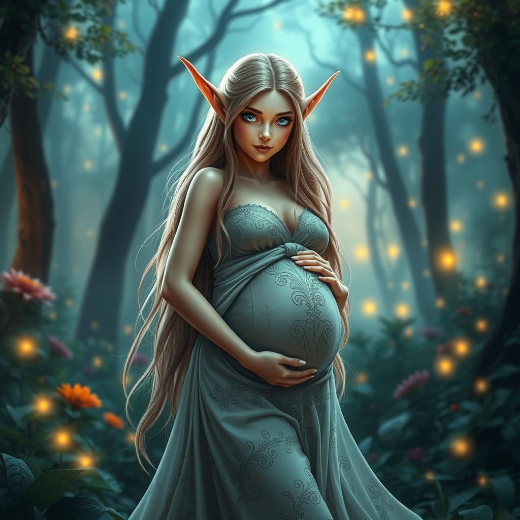 A stunning fantasy scene featuring a pregnant elf woman standing in an ethereal forest