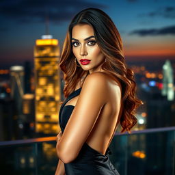 A stunning and glamorous model posing confidently in a stylish evening gown that hugs her curves, with striking makeup and elegant accessories