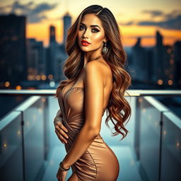 A stunning and glamorous model posing confidently in a stylish evening gown that hugs her curves, with striking makeup and elegant accessories
